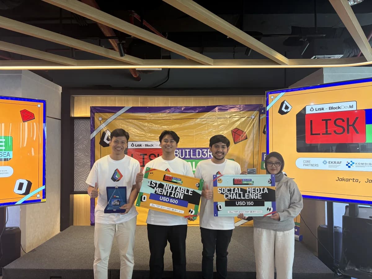 Four Nova AI teammates at the Lisk Builders Challenge holding 1st Notable Mention and Social Media Challenge award boards.