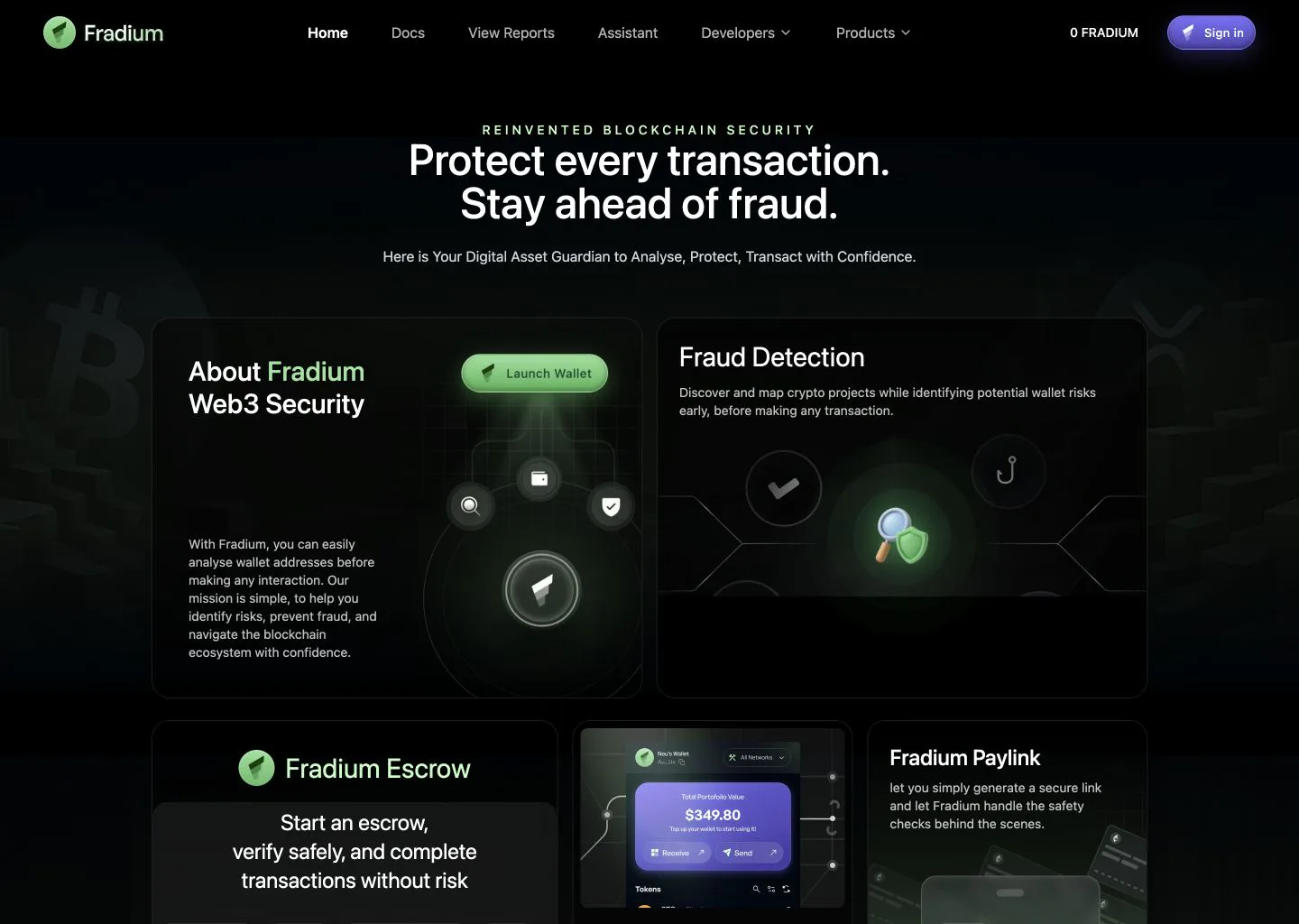 Fradium's public beta landing page showing its wallet, fraud detection, escrow, and payment-link product entry points.