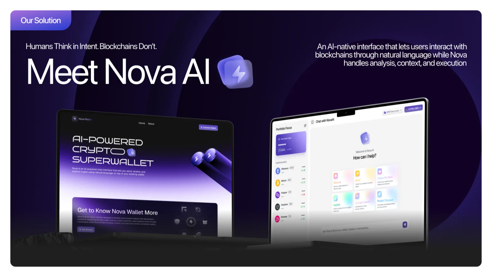 Nova AI sprint presentation showing its dark purple landing page beside a light wallet-agent workspace with portfolio balances and action cards.