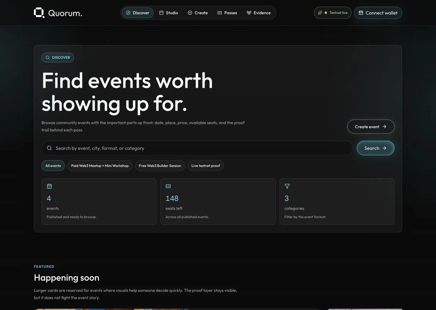 Quorum discovery page showing event search, four seeded events, remaining seats, categories, and a visible Stellar testnet status.